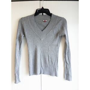L.e.i. Gray Junior Women's Long Sleeve V-Neck Rib Sweater Size L